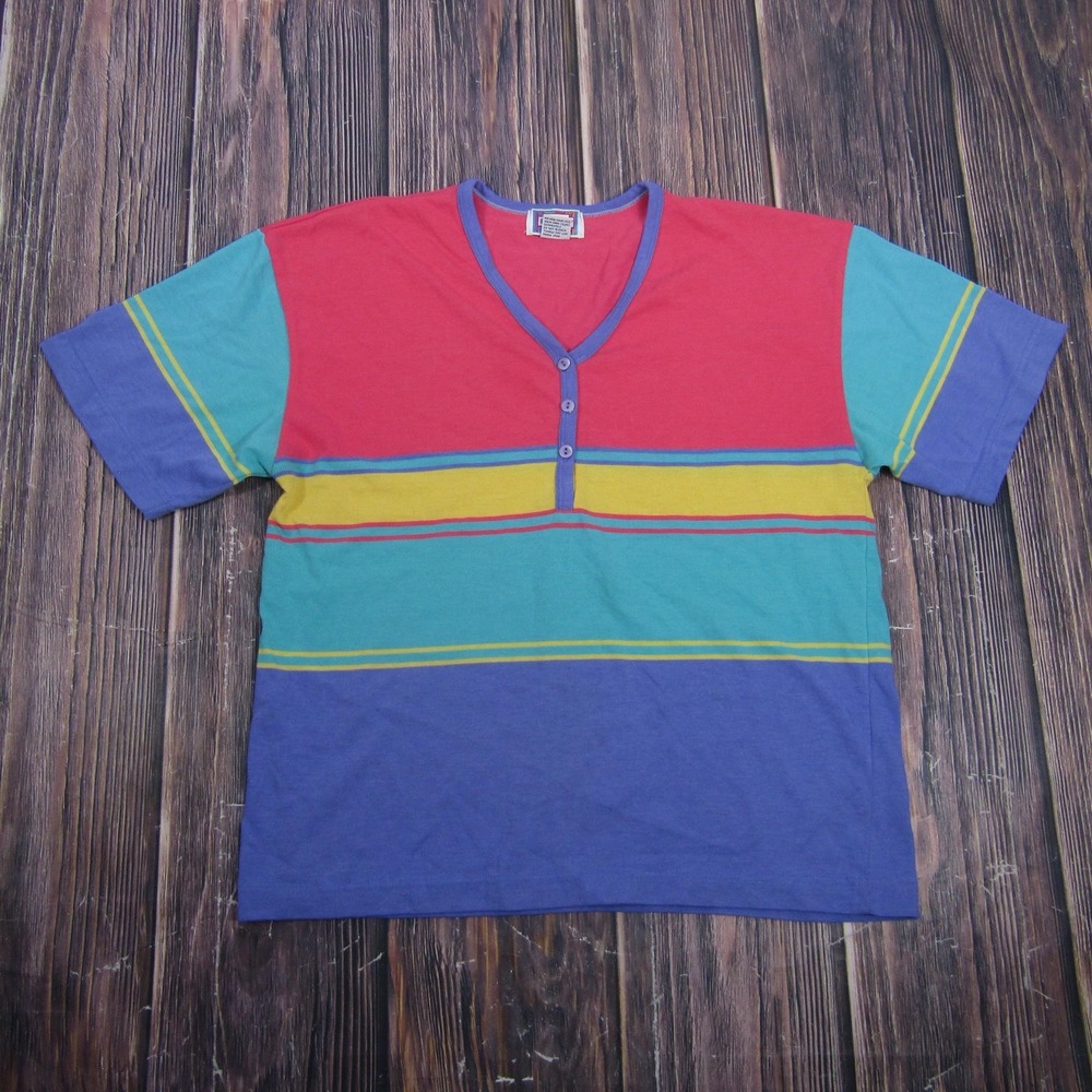 Vintage 62 East Shirt Womens Medium Multicolor Striped Henley Tee Short Sleeve